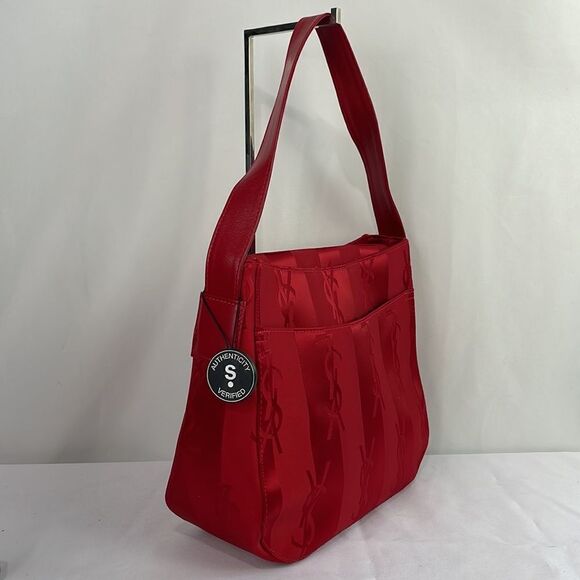 Yves St Laurent Vintage Red Satin Logo Bag - Picture 5 of 10